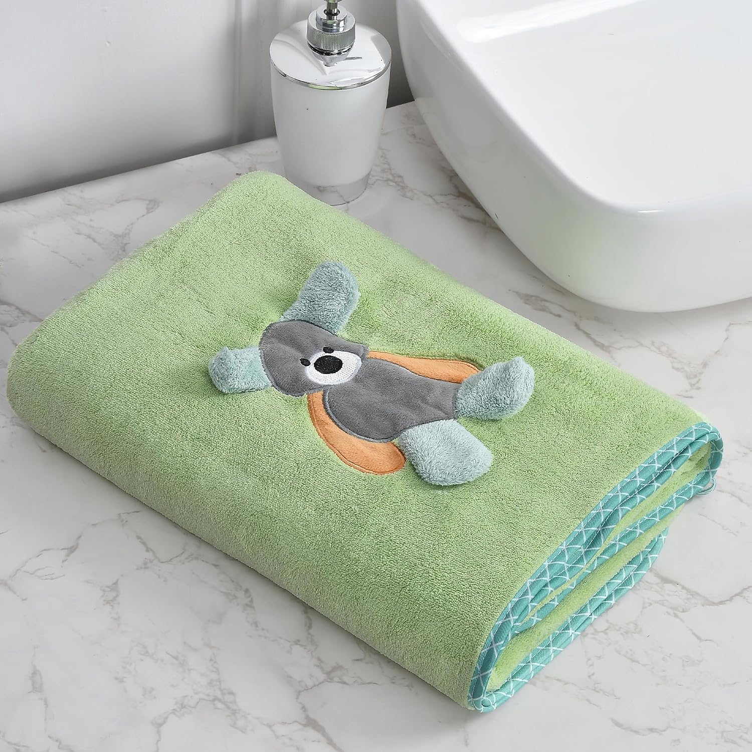 Urbanleaf Premium Microfiber Kids Bath Towels 300 Gsm | Quick Drying Towels For Unisex Kids Cartoon Print Baby Towel (Pista Green)