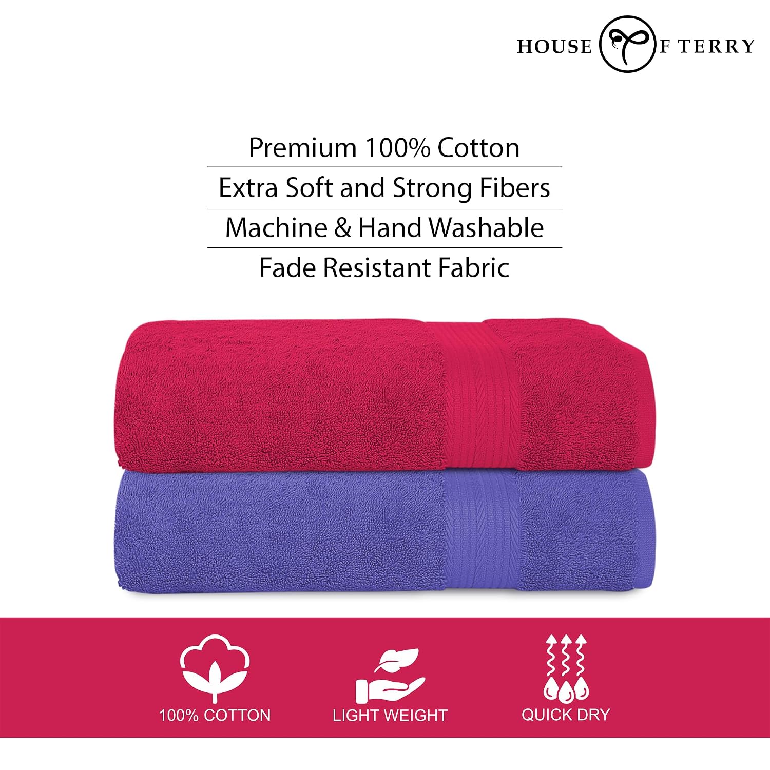 House Of Terry 100% Cotton Bath Towel 1000 Gsm | Quick Dry, Soft & Absorbent, Fade-Resistant, Skin-Friendly Large Size Towel (Paradise Pink & Lilac) - Pack Of 2