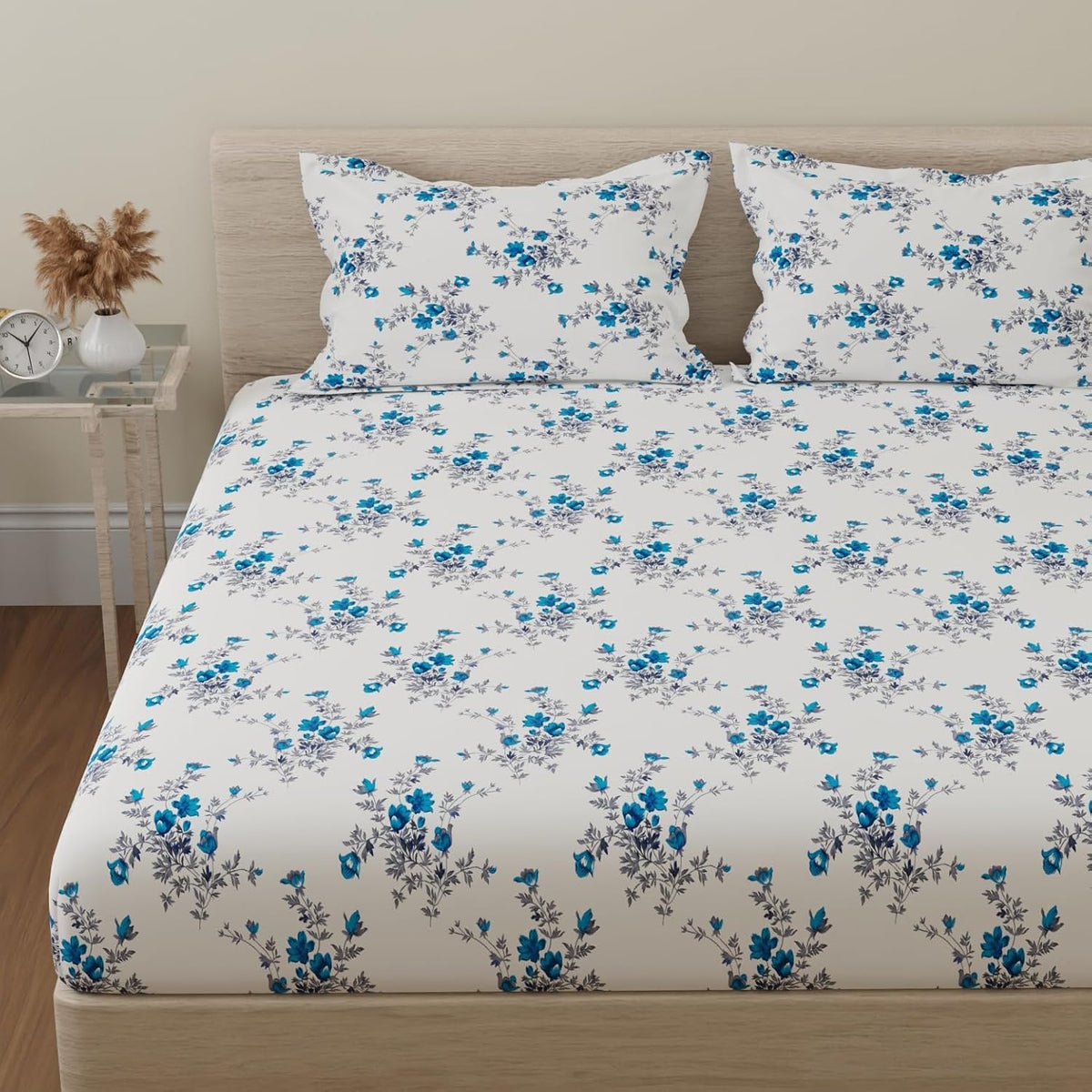 Print King Size Bedsheet With 2 Pillow Cover - 110 X 108 Inches, White & Blue | Soft & Comfortable Feel To Your Skin | Machine Wash In Cold Water