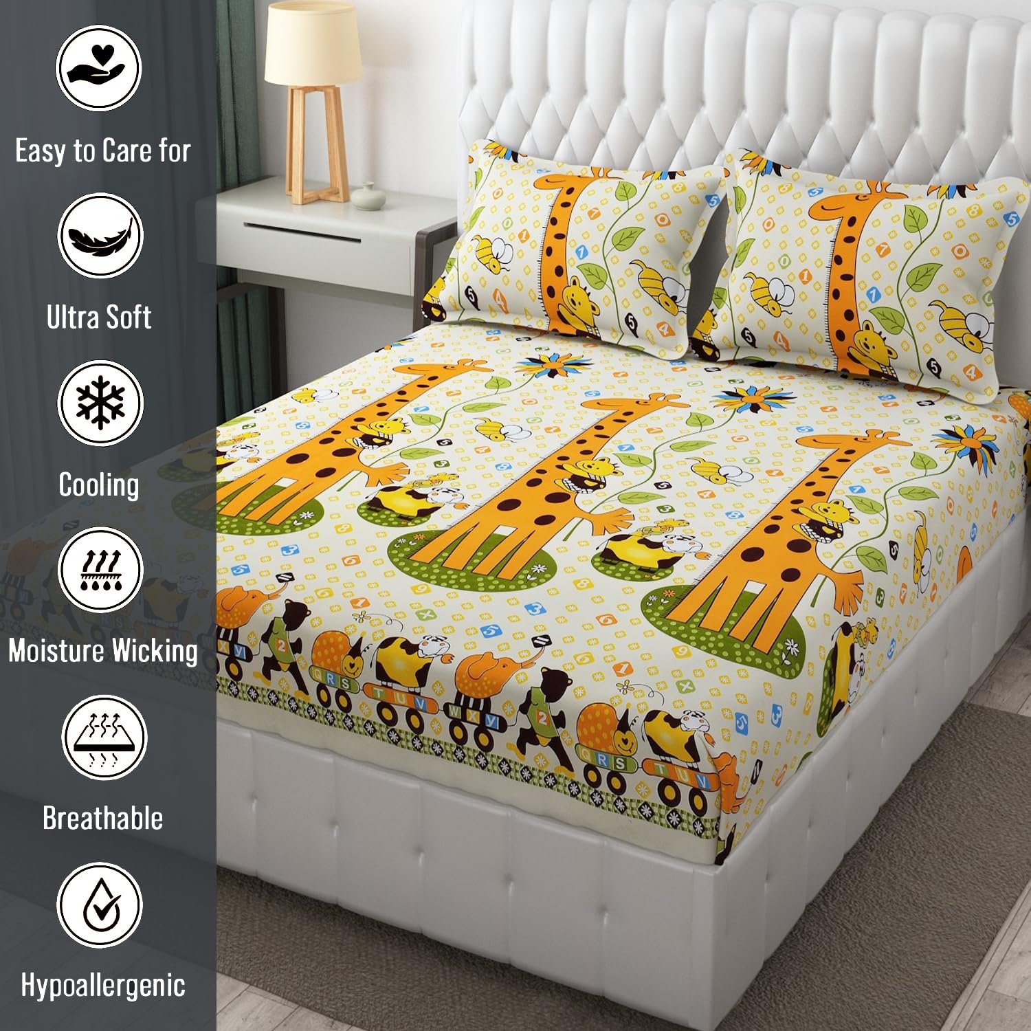 Wrinkle Free Soft Kids Double Bedsheets For King Size With 2 Pillow Cover | 90 X 95 Inches, Yellow | Cartoon Printed Design | Child Bedroom Decor