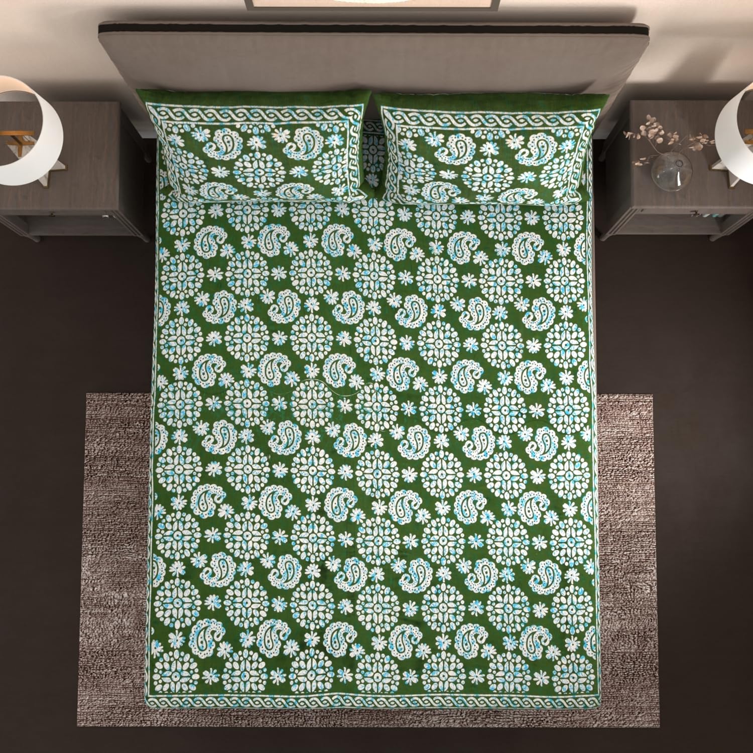 Handloom Printed Double Bedsheet For Queen Size With 2 Matching Pillow Cover | Size 90 X 100 Inches, Dark Green - Cotton Bedsheets For Double Bed | Soft & Smooth