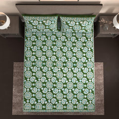 Handloom Printed Double Bedsheet For Queen Size With 2 Matching Pillow Cover | Size 90 X 100 Inches, Dark Green - Cotton Bedsheets For Double Bed | Soft & Smooth
