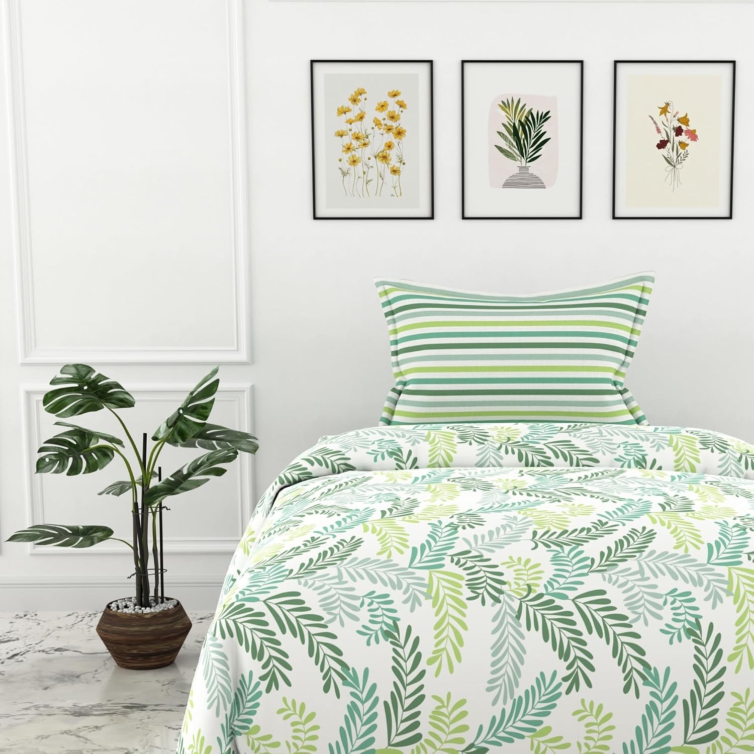 Bedsheet For Single Size With 2 Pillow Covers - 54 X 84 Inches, Cream & Green | Light Weight, Suitable For All Seasons & Easy To Wash