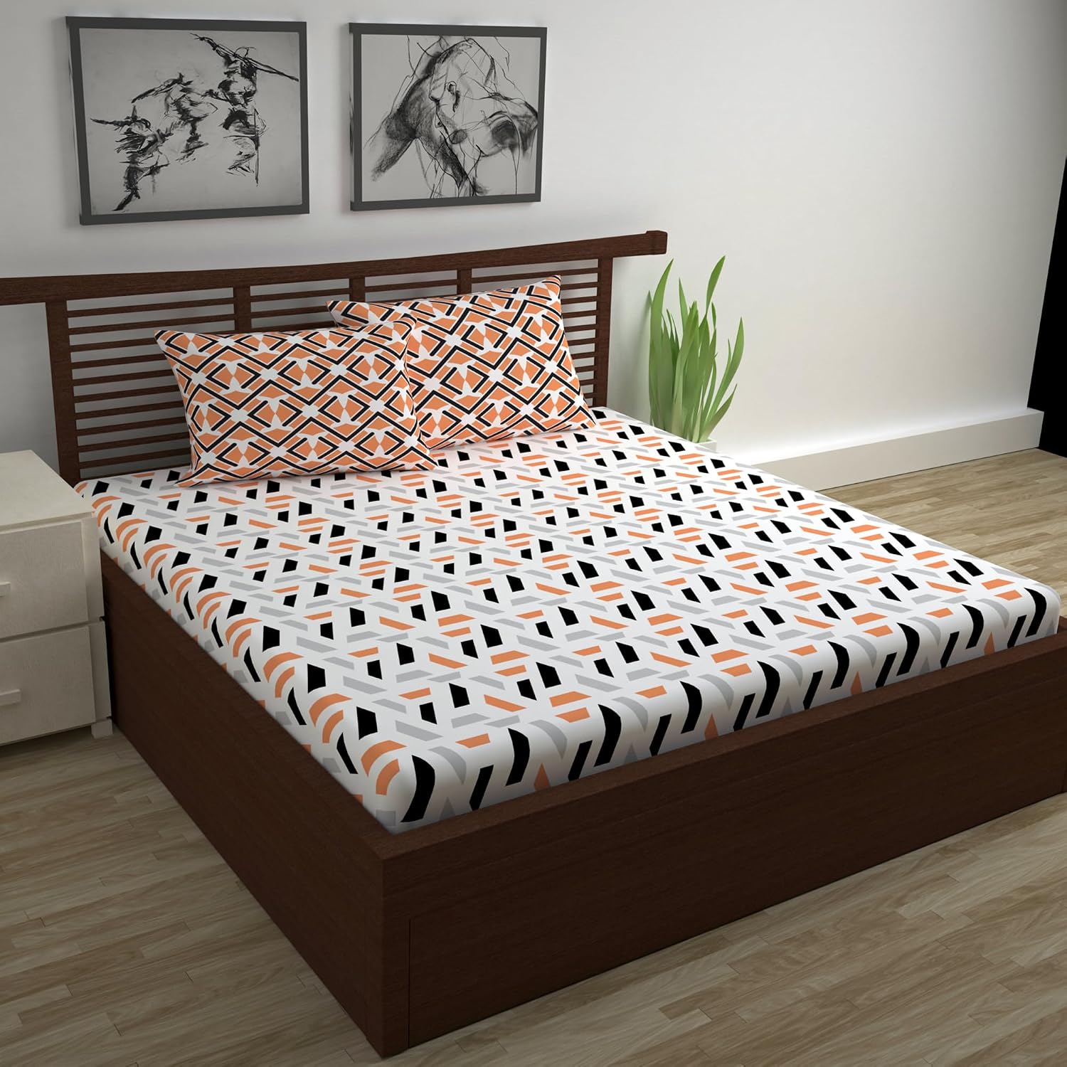 Cotton Double Bedsheet With 2 Pillow Covers | 87 X 100 Inches, White & Peach - Soft & Breathable Fabric | Comfortable For Daily Use