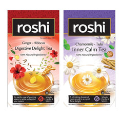 Roshi Ginger Hibiscus Digestive Delight Tea + Chamomile Tulsi Inner Calm Tea Combo - Pack Of 2 X 25 Tea Bags | 100% Natural Ingredients - Caffeine Free