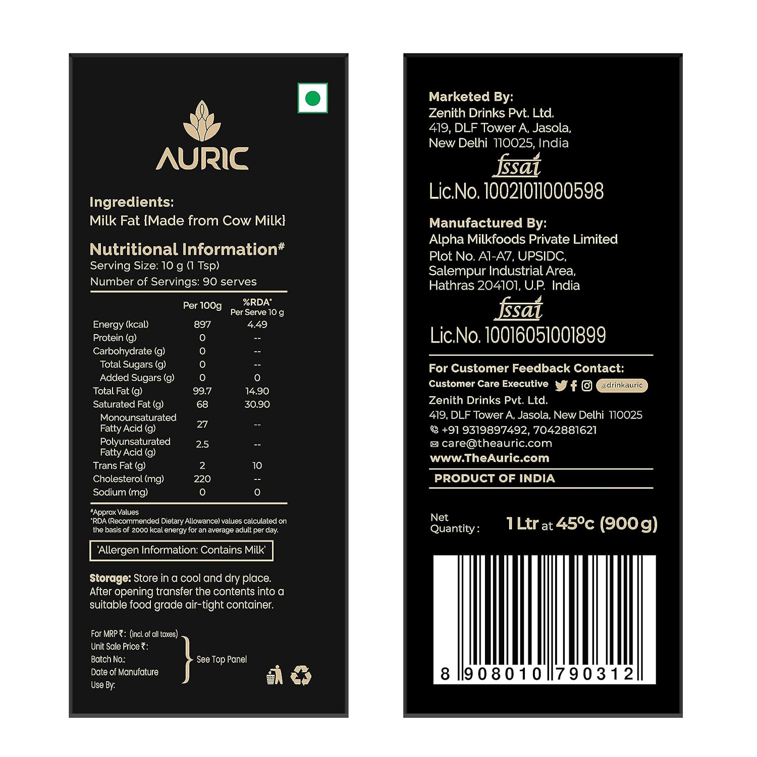 Organic Cow Ghee By Auric | Healthy & Delicious Nutrients Lab Certified Desi Ghee Protact Eyesight | 2 Litr (1 Litr * 2) 67.6 Ounce | Box Pack