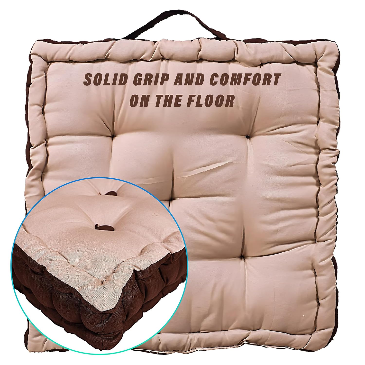 Square Chair Pad, Comfortable Seat Cushion, Soft Cotton Pillow For Seating, Beige & Brown | For Meditation, Yoga, Living Room | Furniture Cushion, Washable - 1 Piece Cotton Chair Pad
