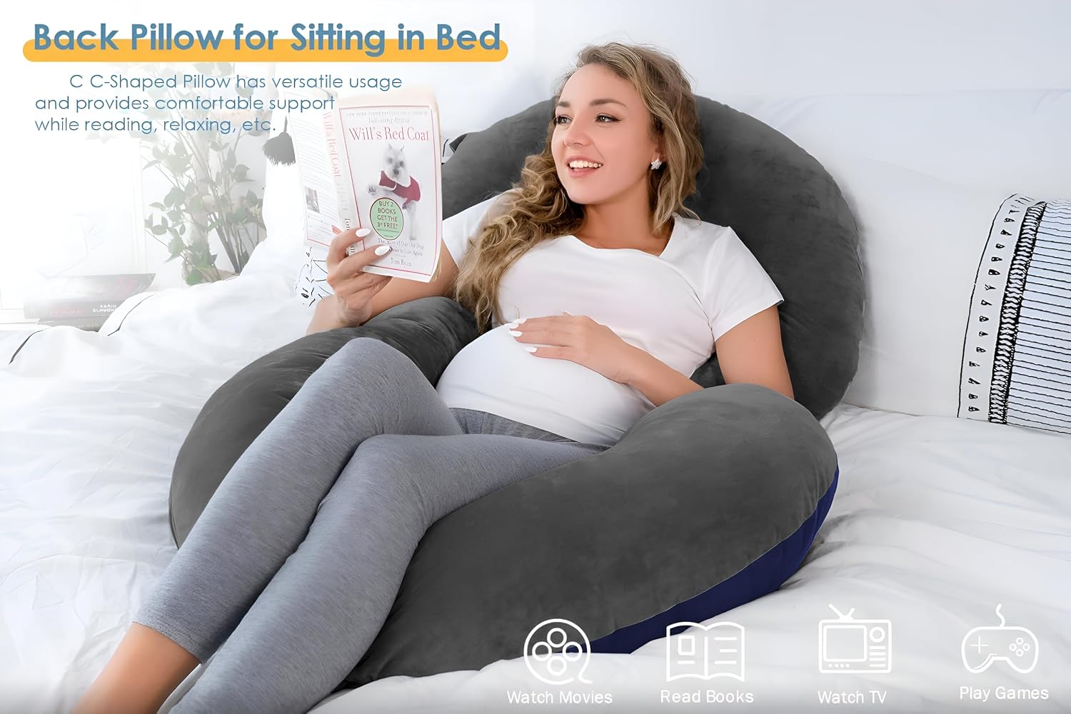 C Shaped Pillow, Pregnancy Pillow For Maternity & Baby Nursing - Grey & Dark Blue | Pregnant Women Stomach, Spine, Neck Support, Velvet Outer Cover With Zip, Adjustable, Multipurpose Use