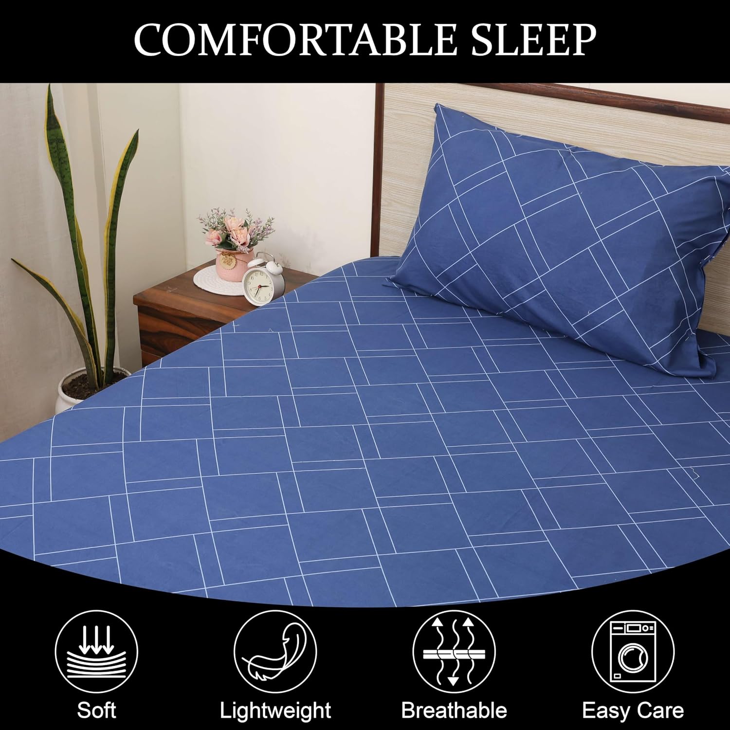 Double Bed Microfiber Bedsheet With 2 Pillow Covers Soft, Wrinkle-Free & Breathable Fabric | 90 X 100 Inches, Blue - Summer-Friendly & Skin-Safe