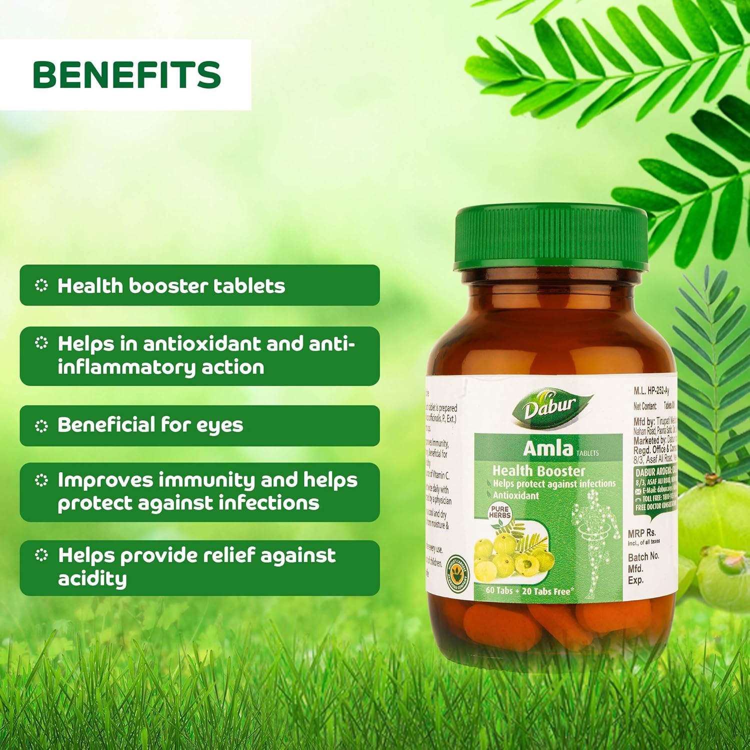 Dabur Amla Tablets Health Booster Rich In Antioxidants Provides Protection Against Infections | 60 + 20 Tablets Free , 100gm 0.2lbs Each Pack Of 2