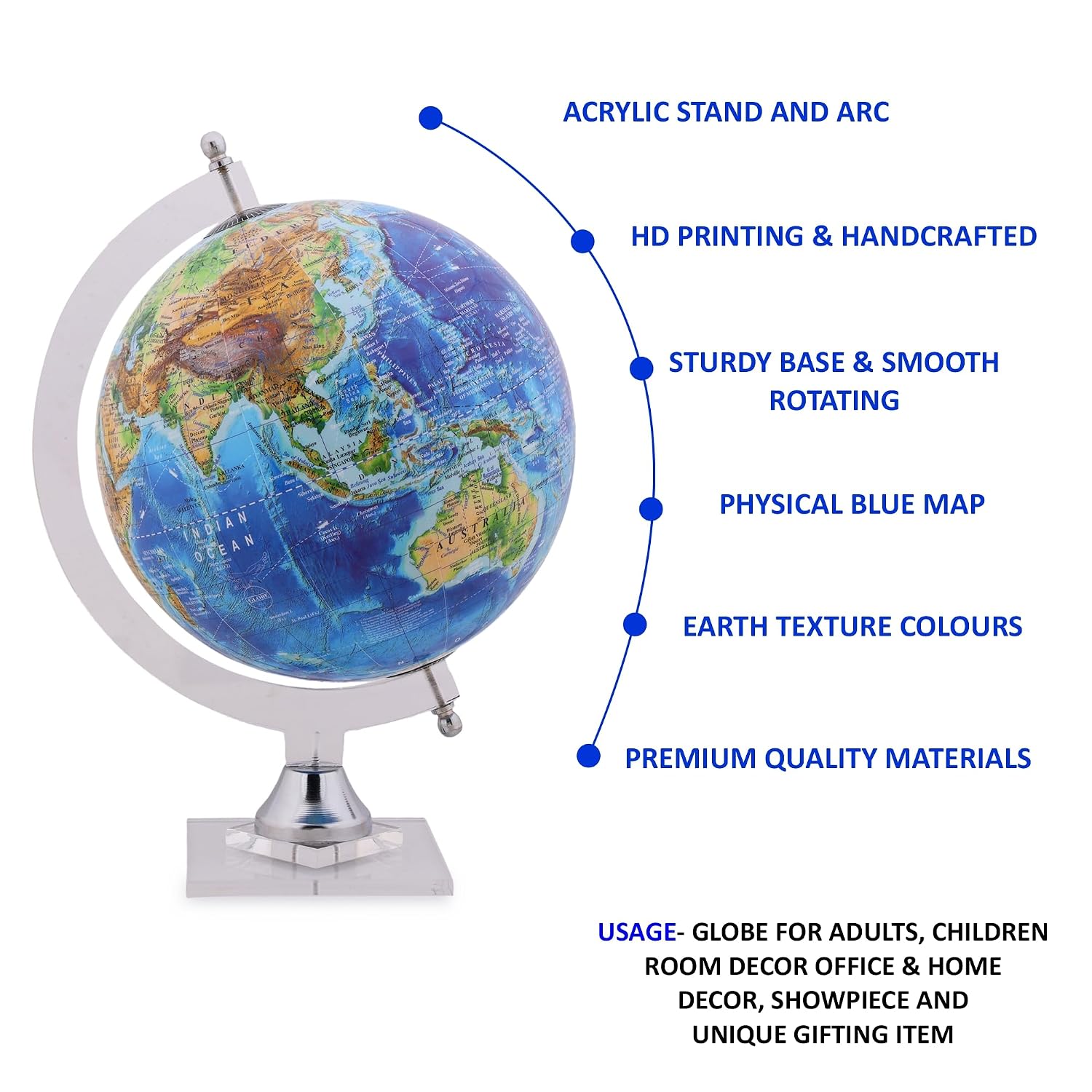 Decorative Physical Globe With Crystal Stand For Home Decor, Office Table, Gift For Boys, World Globe, For Kids & Students Learning - 8 Inches, Blue, Pack Of 1