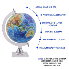 Decorative Physical Globe With Crystal Stand For Home Decor, Office Table, Gift For Boys, World Globe, For Kids & Students Learning - 8 Inches, Blue, Pack Of 1