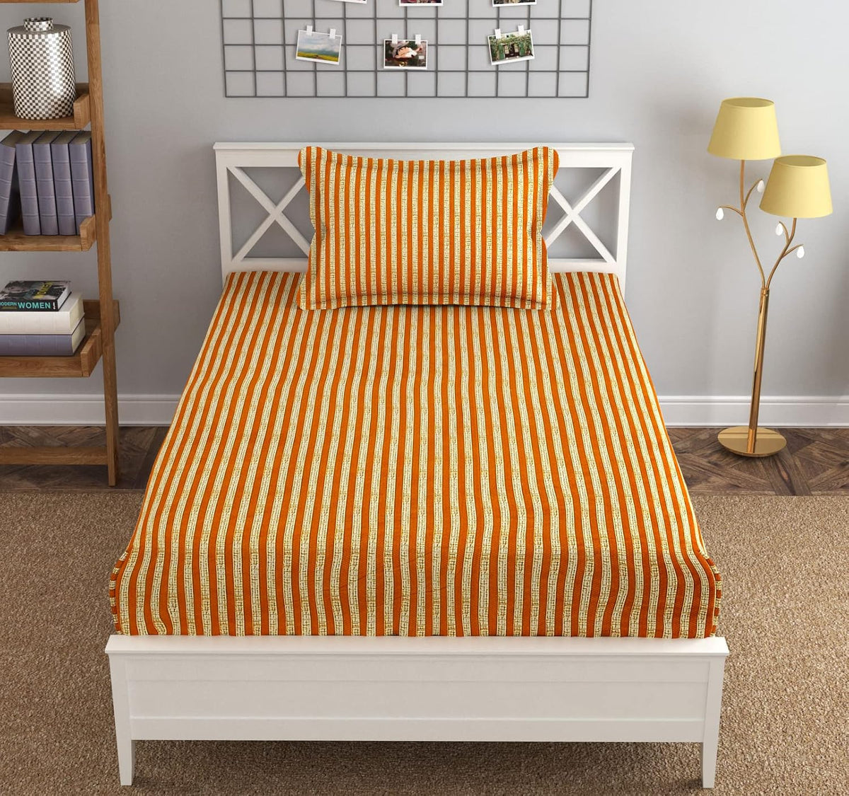 Fitzy 280 TC Fitted Bedsheet Single Size - 36 X 78 + 10 Inches, Beige & Mustard With 1 Pillow Cover | Super Soft Premium Brushed Glace Cotton Bedsheet, Breathable & Wrinkle Free