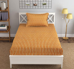 Fitzy 280 TC Fitted Bedsheet Single Size - 36 X 78 + 10 Inches, Beige & Mustard With 1 Pillow Cover | Super Soft Premium Brushed Glace Cotton Bedsheet, Breathable & Wrinkle Free