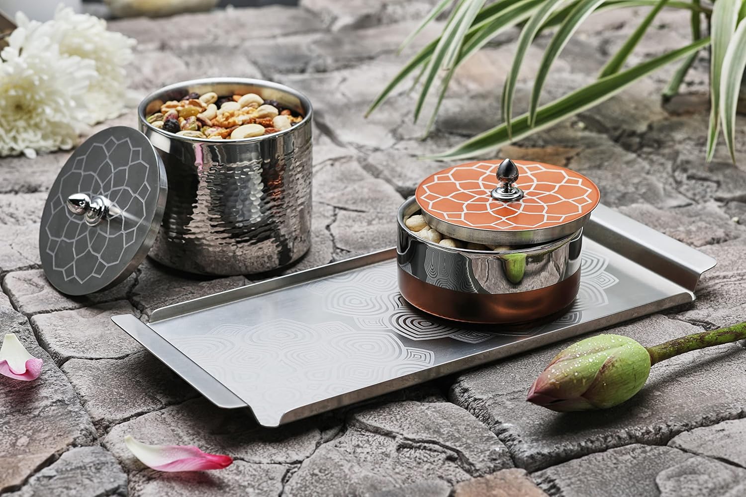 Designer Chrome Stainless Steel Tray, Small - Lotus Pattern, Luxury Gift Collection | Multipurpose Serving Platter - Premium Serve Ware, Dinnerware & Tableware | Padma Shvet Series