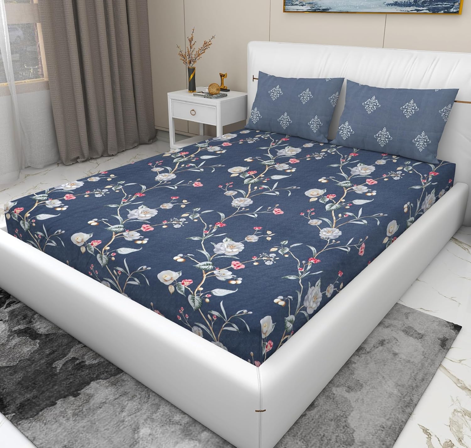Super Soft Cotton Feel Bedsheet For Double Bed King Size With 2 Pillow Covers | 100 X 108 Inches, Grey & Pink | Perfect For All Season Comfort