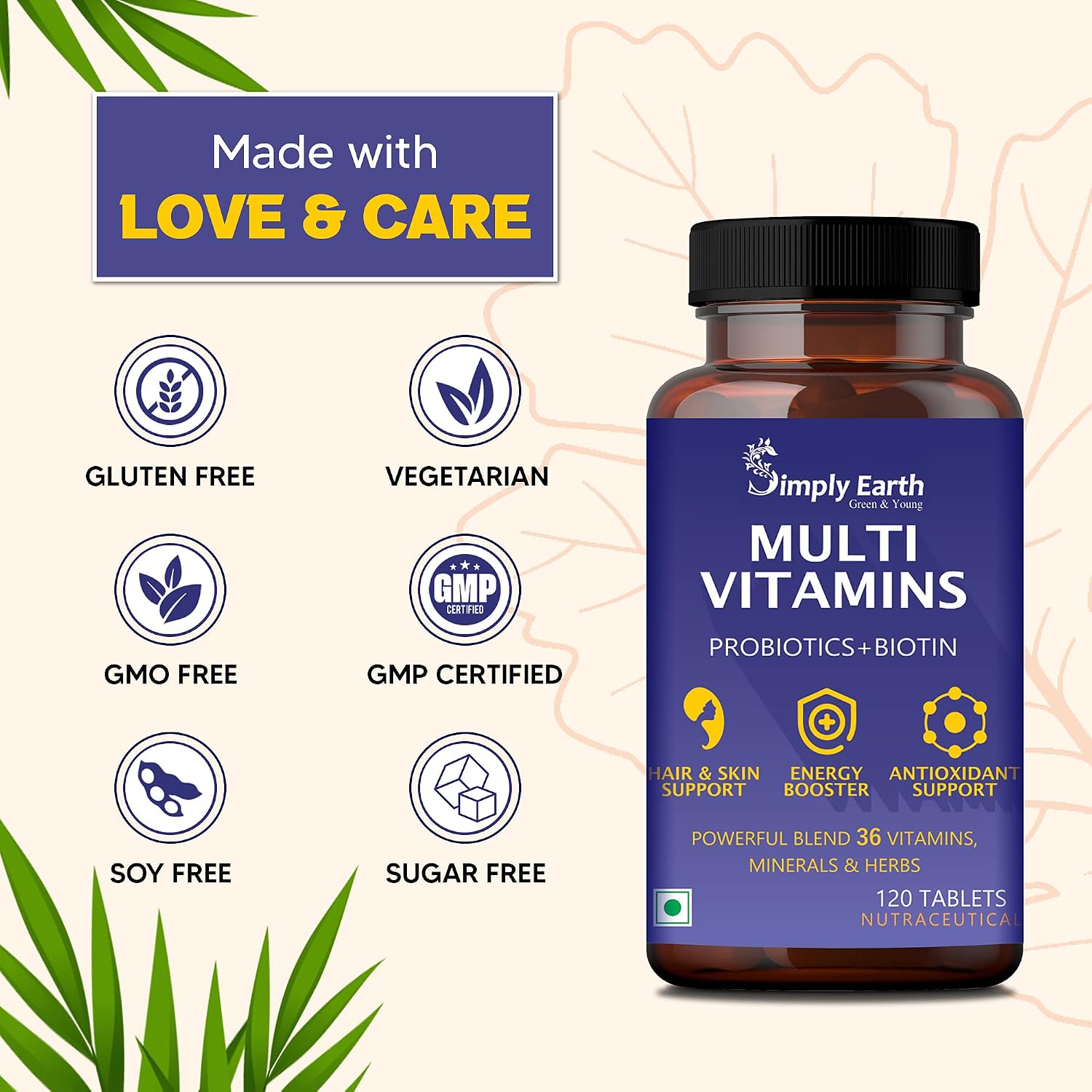 Simply Earth Multivitamin For Men & Women | With 7 Vital Blends & 36 Nutrients , Probiotics Vitamin C, Zinc & Biotin | 120 Tablets , 200gm 0.4lbs