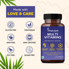 Simply Earth Multivitamin For Men & Women | With 7 Vital Blends & 36 Nutrients , Probiotics Vitamin C, Zinc & Biotin | 120 Tablets , 200gm 0.4lbs