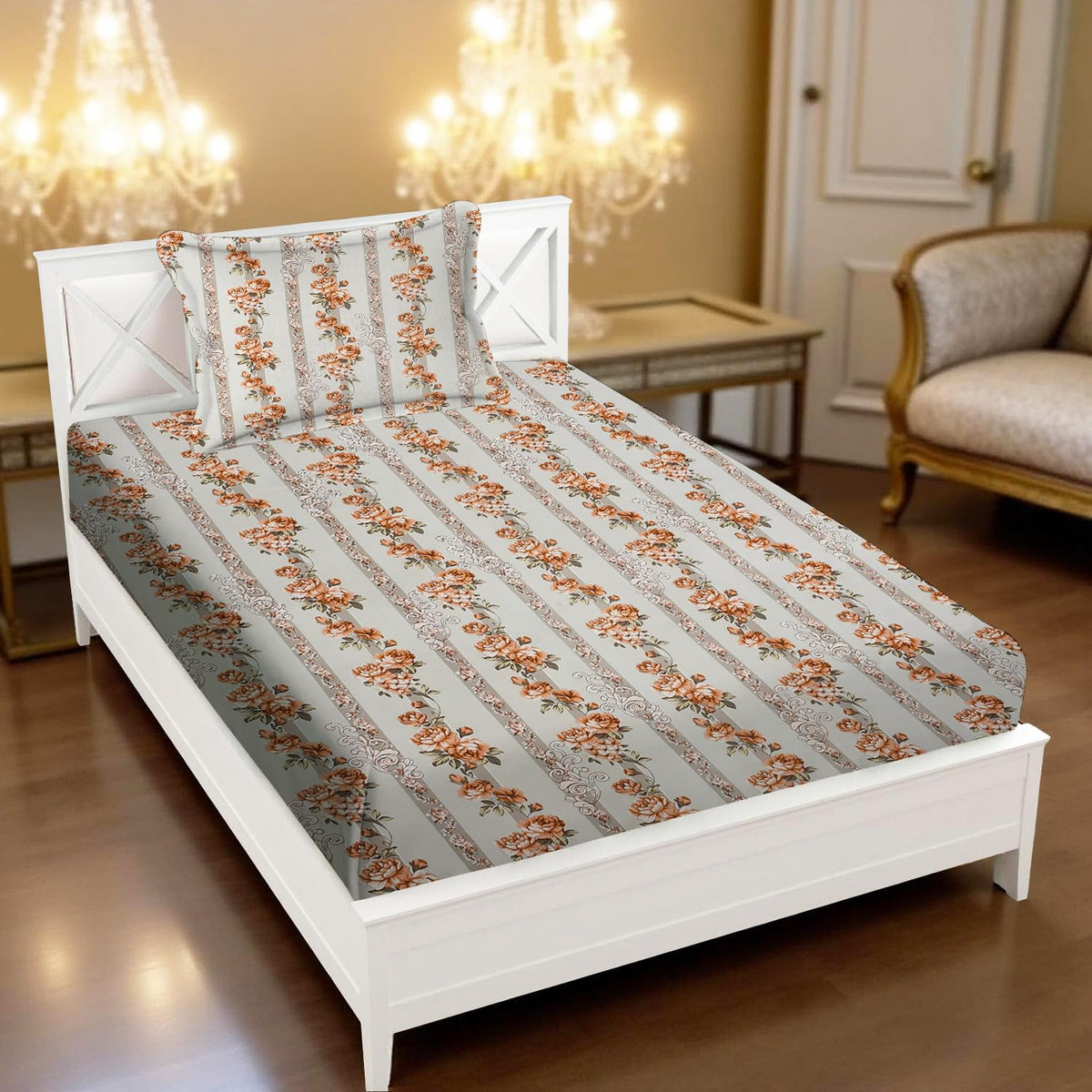 Printed Bedsheet For Single Bed With 1 Pillow Cover - 60 X 90 Inches, Light Brown | Super Soft - Glace Cotton Breathable & Wrinkle Free - 2 Pcs Set