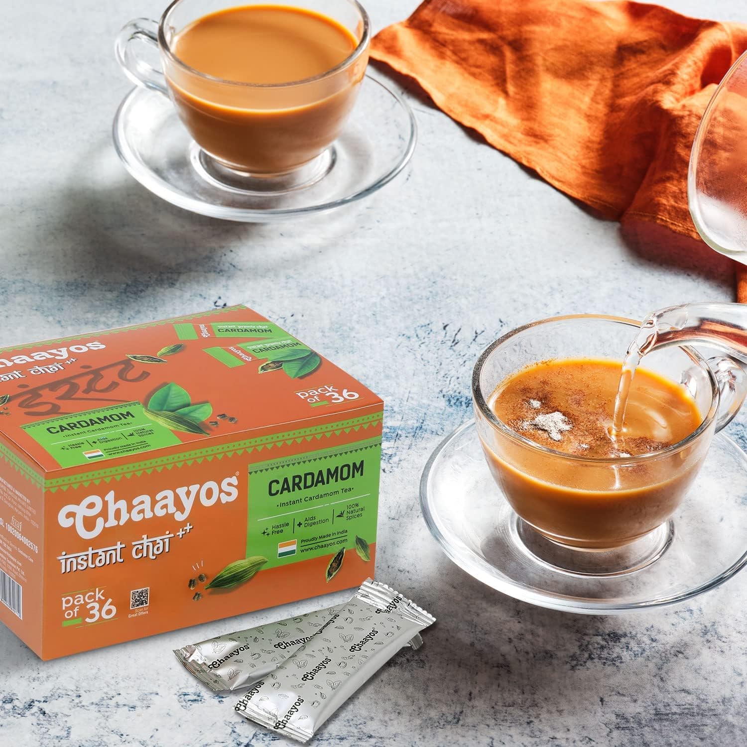 Chaayos Instant Premix Cardamom Chai - 36 Sachets, 288gm, 10.1 Ounce | Aids Digestion, Boosts Metabolism - Instant Assam Elaichi Chai | Low Sugar, Low Caffeine, Hassle Free