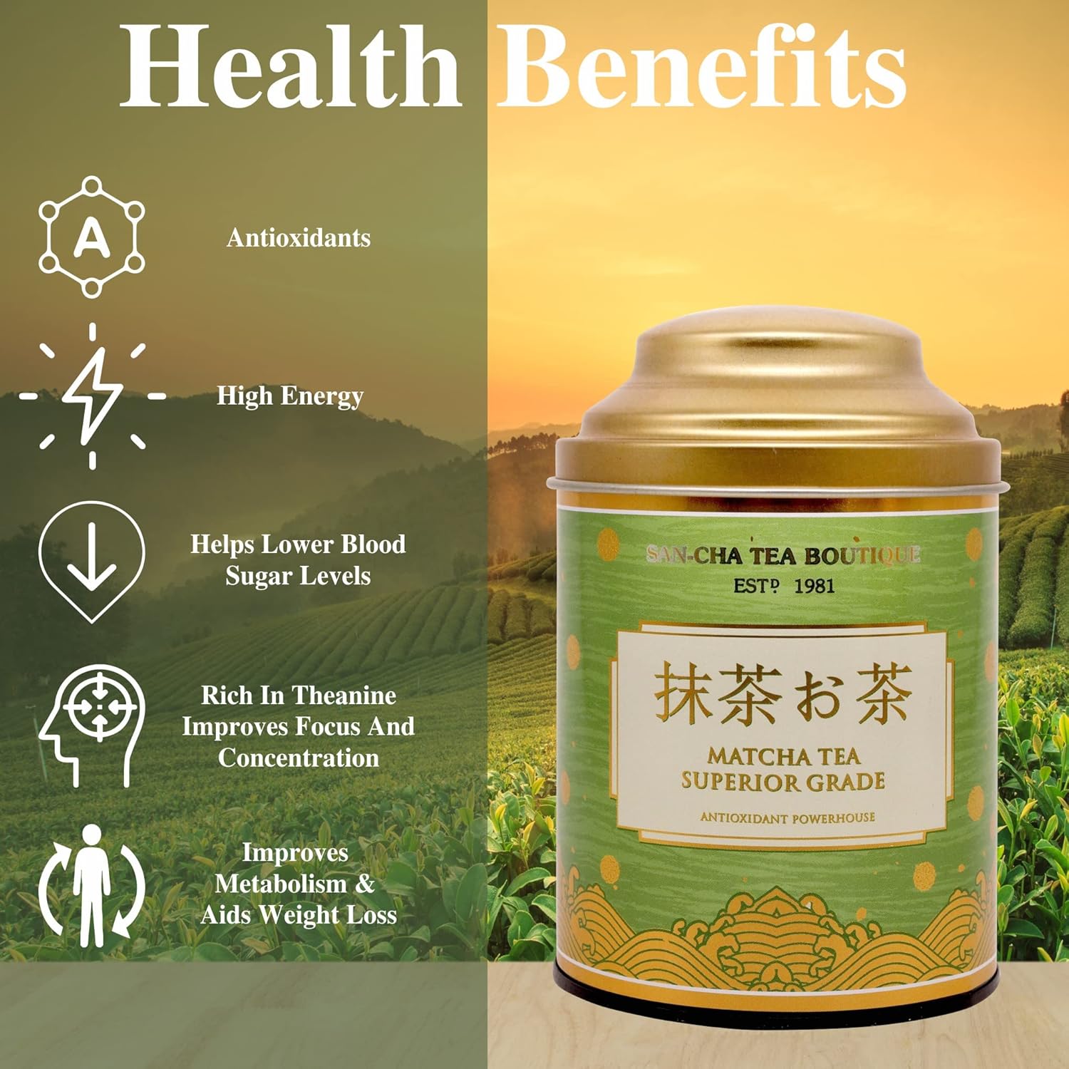 San-Cha Superior Grade Matcha Green Tea - 50gm, 1.7 Ounce | Authentic Japanese Matcha Green Tea Powder - Environment Friendly & Made In Corn Fiber | High Caffeine