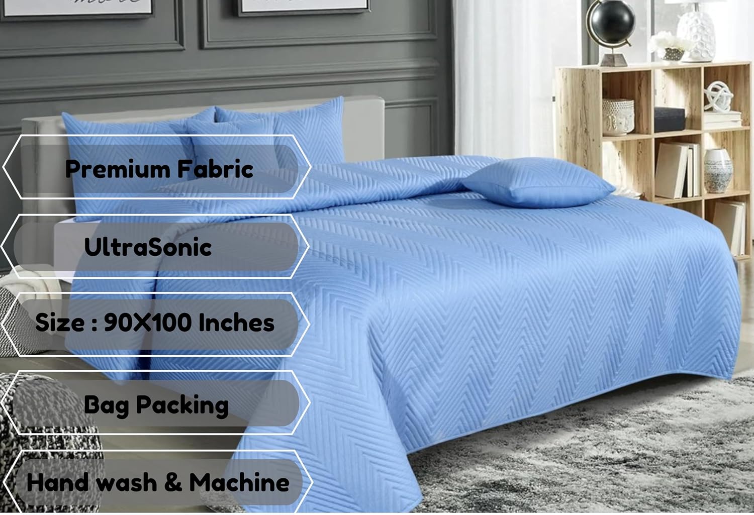 Luxurious Bedsheet For Double Bed With 2 Pillow Cover + 2 Cushion Cover - 90 X 100 Inches, Ocean Blue | All Weather 5 Pcs Glace Cotton Ultrasonic TC - 280
