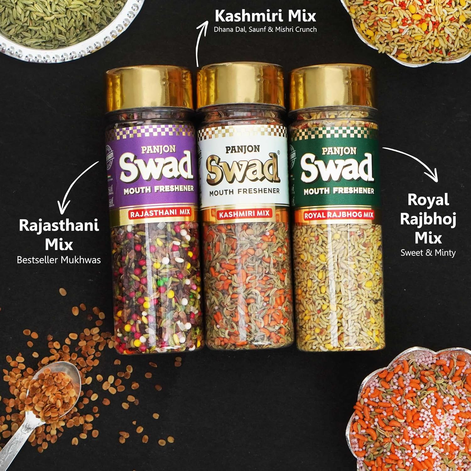 Panjon Swad Rajasthani, Kashmiri, Rajbhog Mix 450gm, (150gm *3 Bottles) | Digestive Mouth Freshener