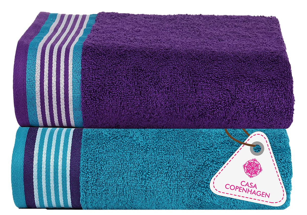 Casa Copenhagen Germany Design 100% Cotton 2 Pieces Large Bath Towel 850 Gsm - Violet Indigo & Teal Green