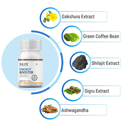 Inlife Energy Booster Supplement Shilajit Ashwagandha Tribulus Green Coffee Bean And Moringa Helps Support Strength & Energy, Herbal Ayurvedic Product | 60 Veg Capsules 100gm 0.2lbs