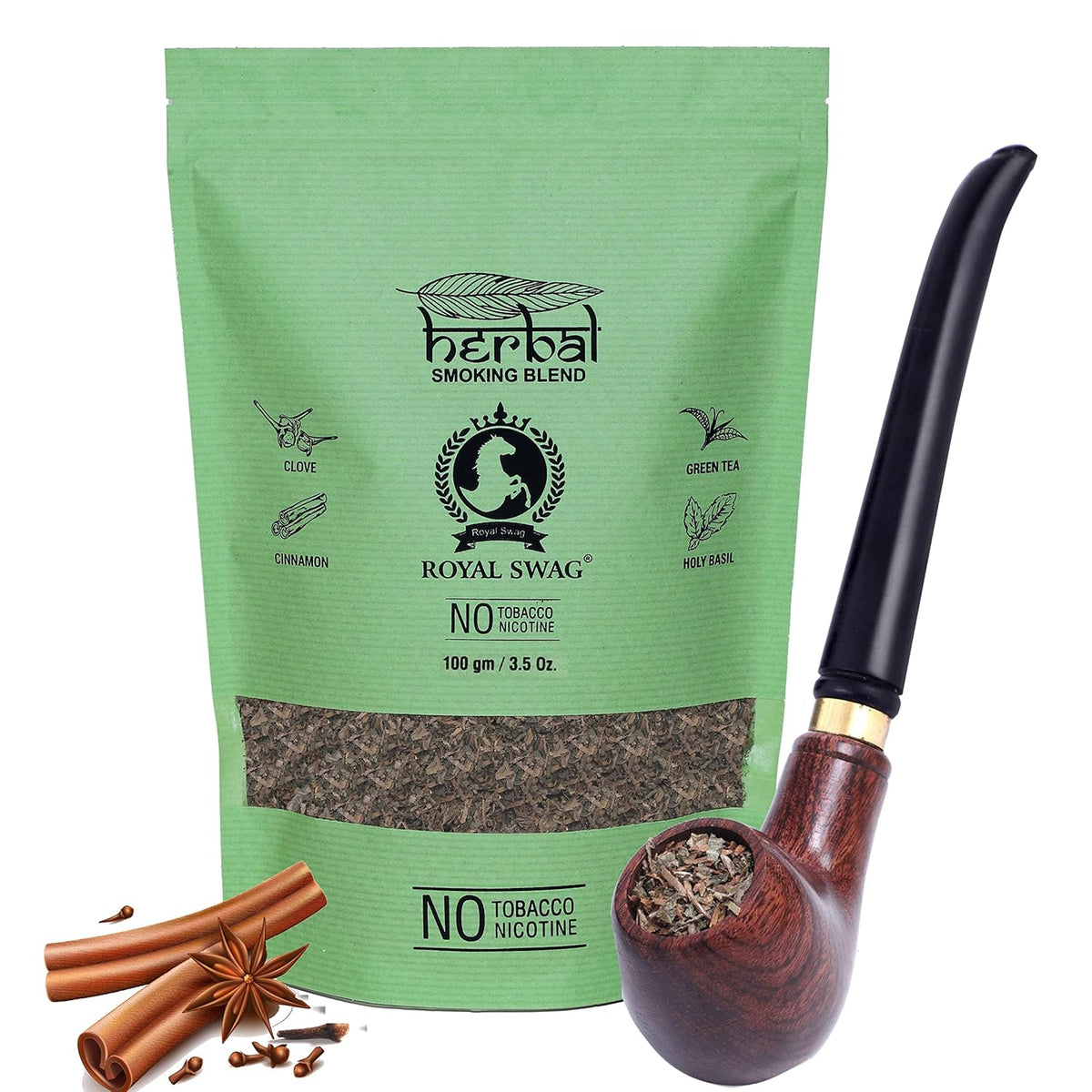 Royal Swag Tobacco & Nicotine Free Smoking Mixture Powder With 100% Natural Herbal Smoking Blend Of Clove 1 Pack - 100gm With Wooden Pipe