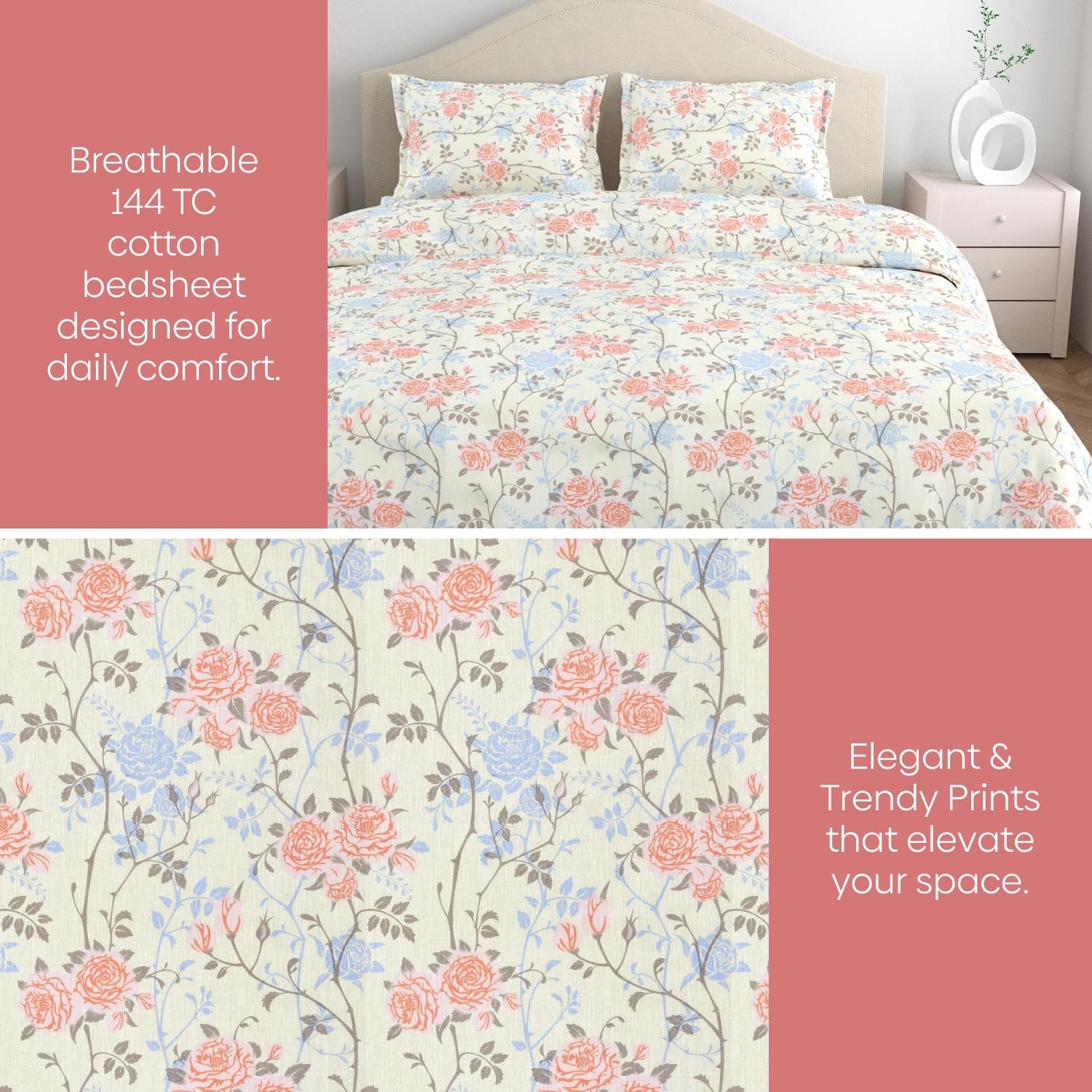 Bedsheet Double Bed For Queen Size - 100 X 90 Inches 2 Pillow Cover, Off White & Peach | Ideal For Everyday Use | Soft, Skin-Friendly & Durable Cotton Fabric