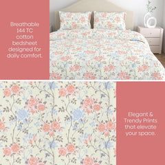 Bedsheet Double Bed For Queen Size - 100 X 90 Inches 2 Pillow Cover, Off White & Peach | Ideal For Everyday Use | Soft, Skin-Friendly & Durable Cotton Fabric