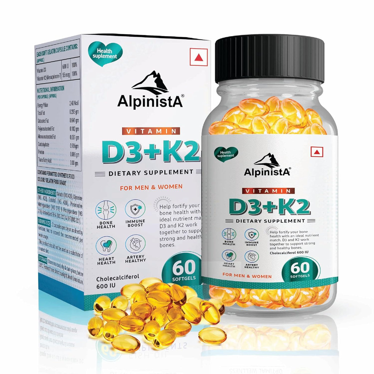 Alpinista Vitamin D3 + K2 Mk7 Menaquinone Supplement , Bone Health & Immune Support | Promotes Calcium Absorption, Muscle Strength , For Men And Women | 60 Capsules , 100gm 0.2lbs