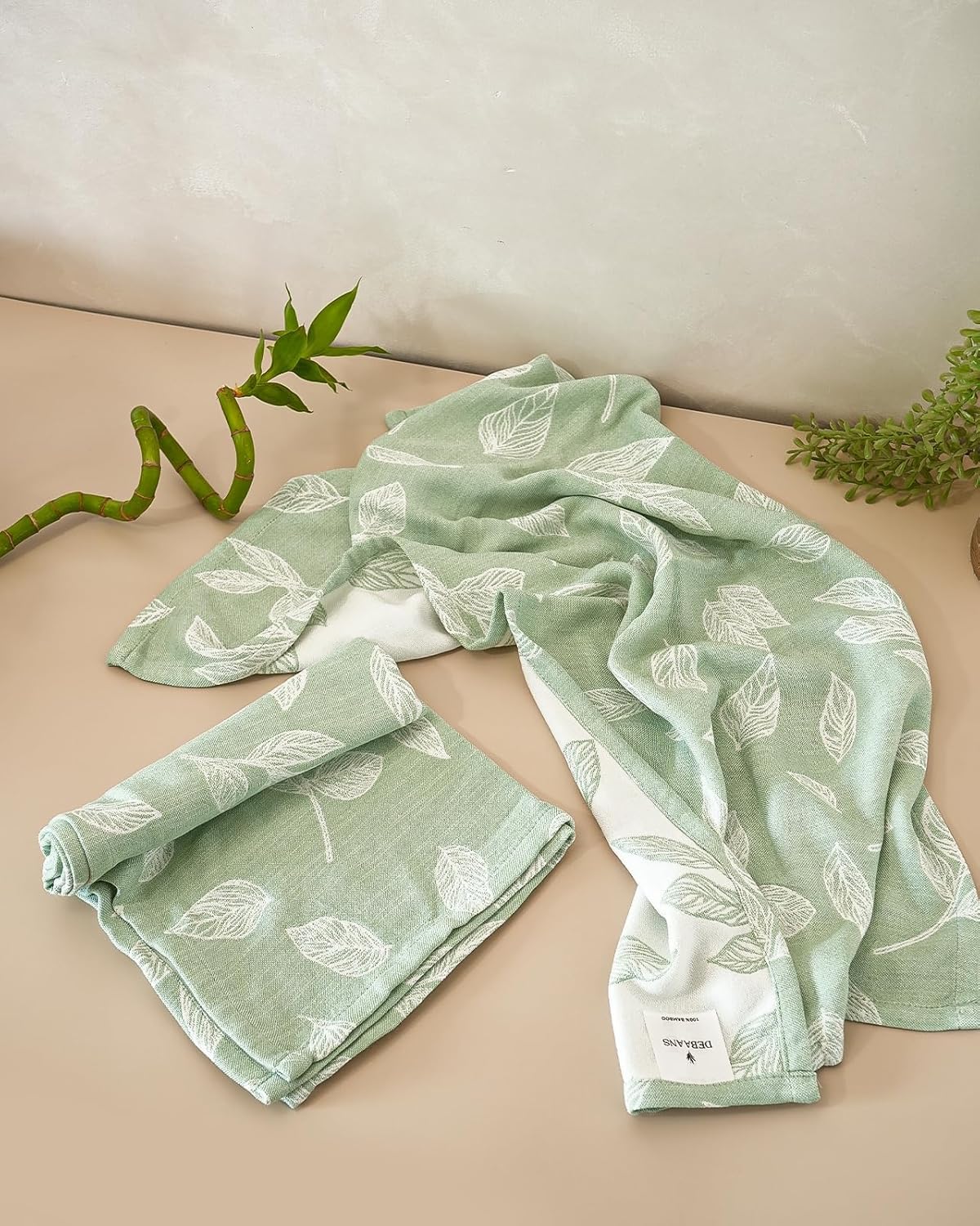 Debaans Bamboo Hand Towels 400 Gsm | Ultra Soft, Quick Dry, Antibacterial | Multiple Colors & Designs (Botanica Meadow Green) - Set Of 2