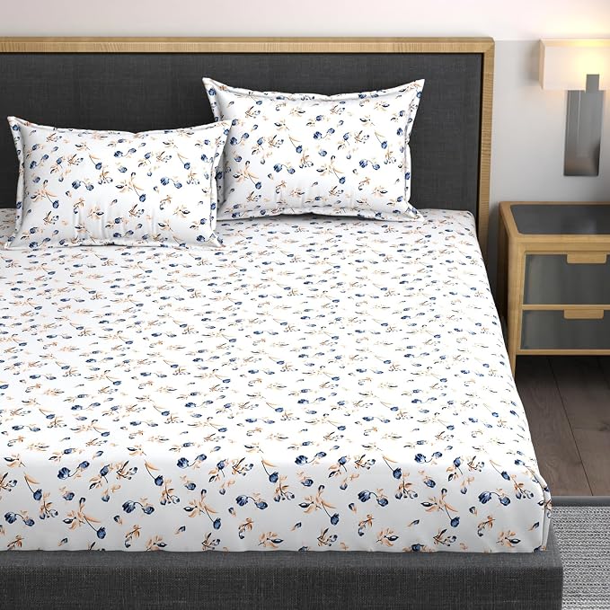 Premium Heavy Cotton Bedsheets Elastic Fitted Double Bedsheets With 2 Pillow Covers - 72 X 78 X 10 Inch, Blue | Elastic Fitted King Size Bedsheet