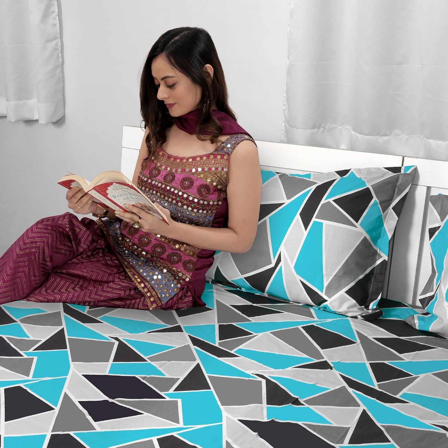 King Size Double Bedsheet With 2 Pillow Covers - 108 X 108 Inches, Aqua & Grey | Ideal For Gifting Diwali, Dussehra - Soft & Smoothing Touch Bedsheet