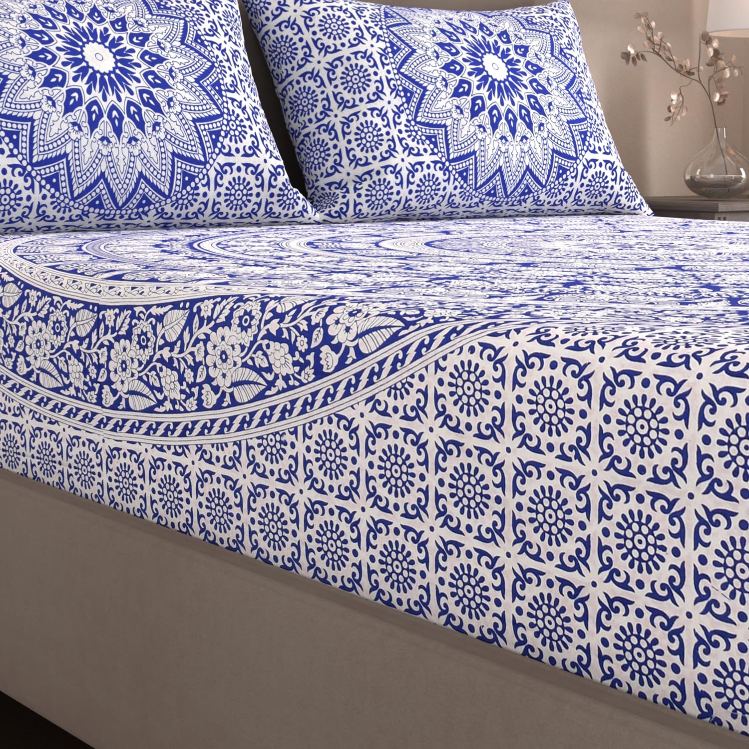 Printed Double Bedsheet For Queen Size With 2 Matching Pillow Cover | Size 90 X 100 Inches, Blue & White - Handloom Cotton Bedsheets For Double Bed | Soft & Smooth
