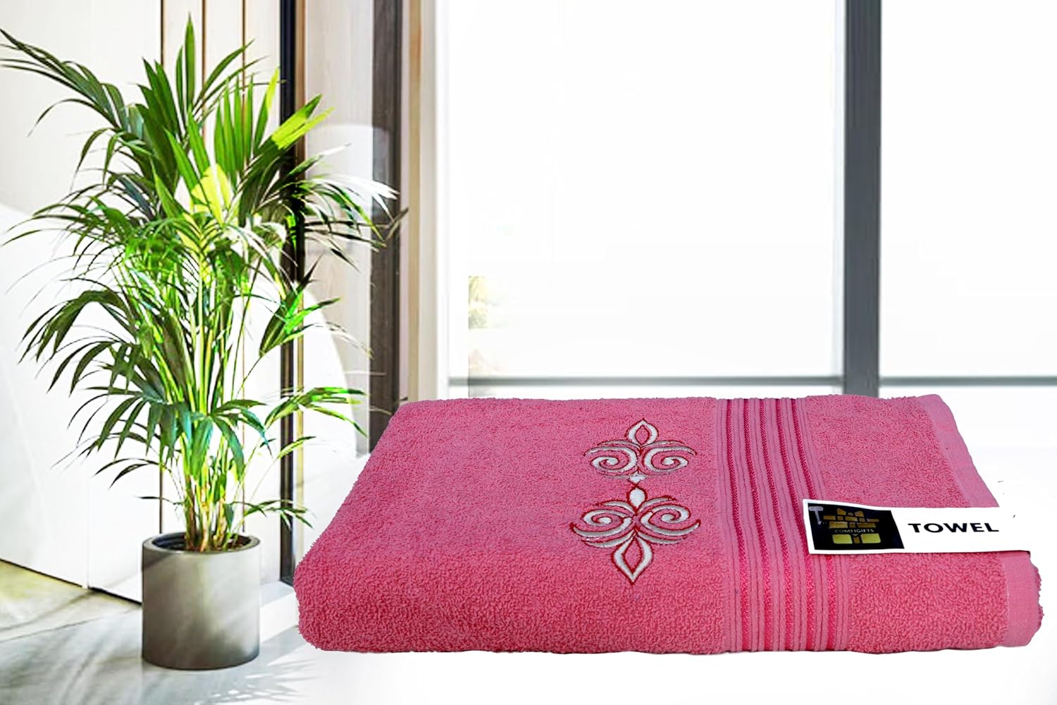Comfigifts 100% Cotton 2 Bath & 2 Hand Towels 1400 Gsm | Soft, Absorbent, Lightweight Towels With Computerized Embroidery (Pink D1)