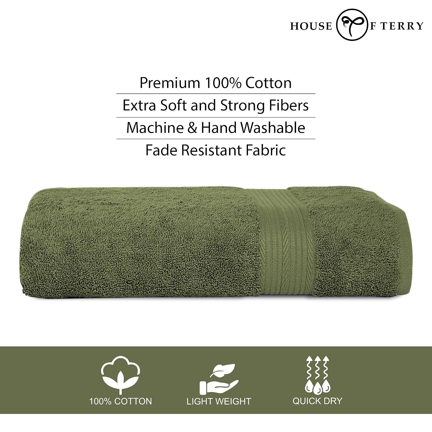 House Of Terry 100% Cotton Bath Towel 1000 Gsm | Quick Dry, Soft & Absorbent, Fade-Resistant, Skin-Friendly, For Men & Women Towel (Olive Green) - Pack Of 2
