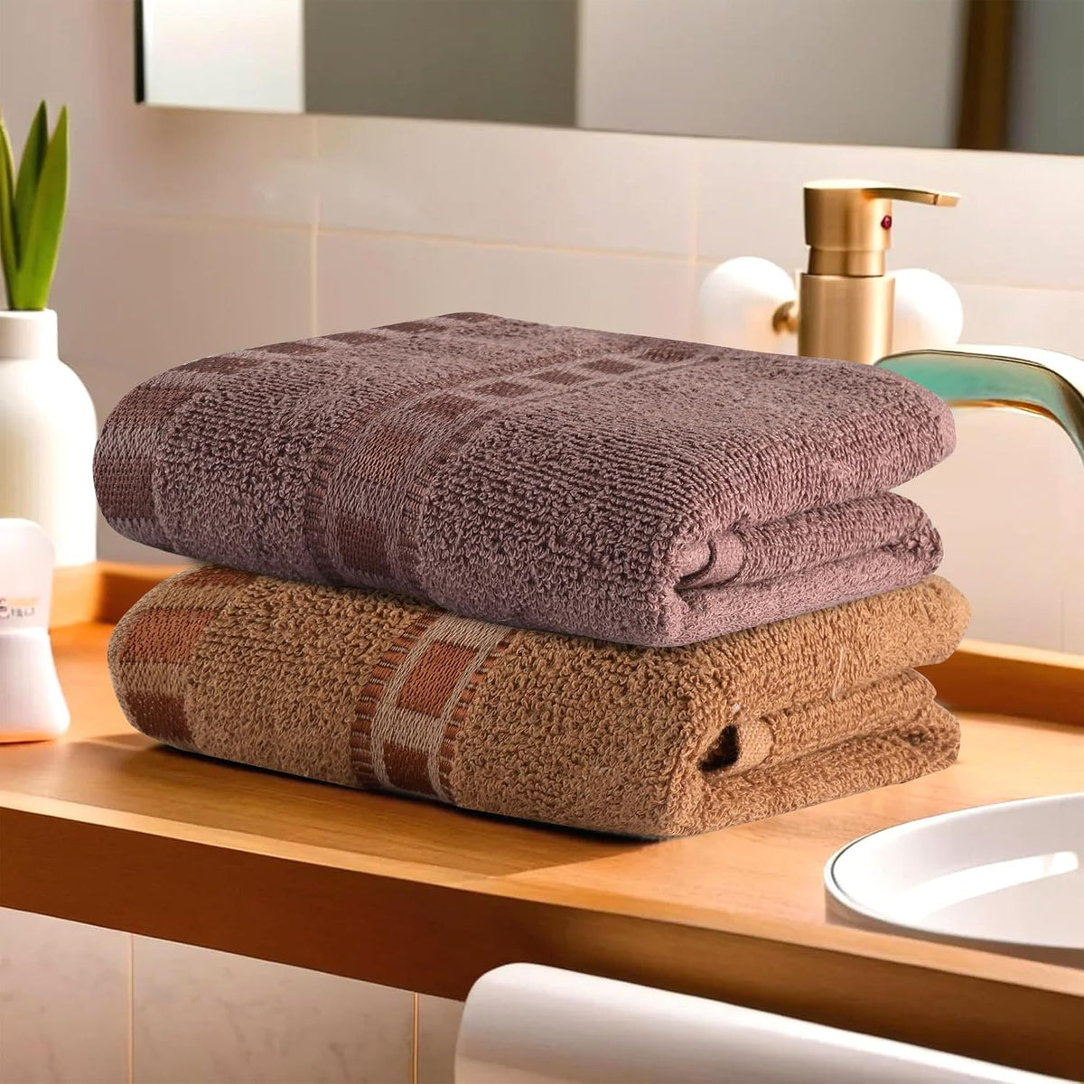 Heart Home Cotton Hand & Face Towels 400 Gsm | For Men & Women Easily Washable Workout Gym Towel - Golden & Brown (Pack Of 2)