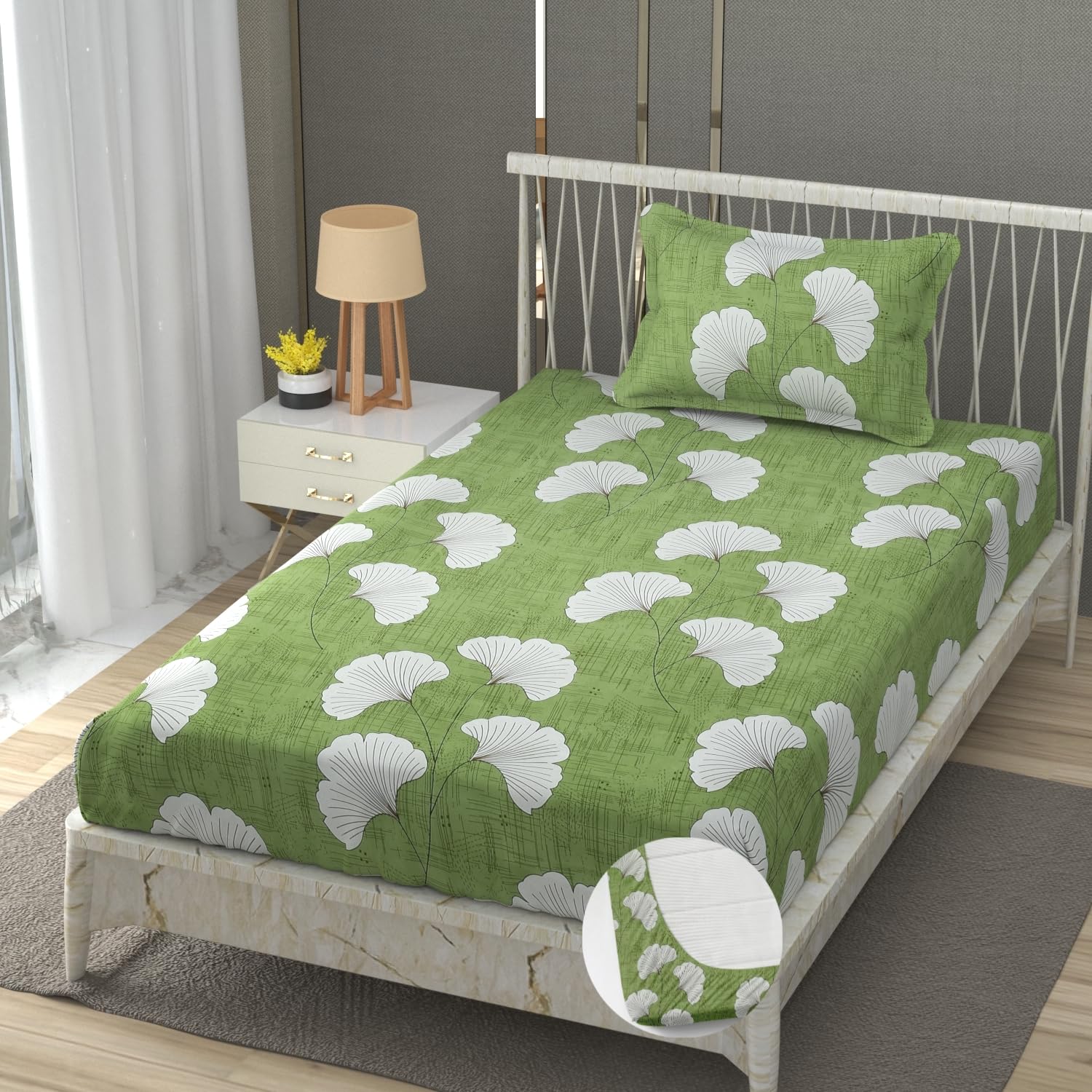 Elastic Fitted 1 Single Bedsheet With 1 Pillow Cover | 36 X 78 Inches, Light Green - Breathable & Durable, Soft Touch & Perfect For All Seasons
