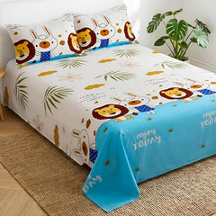 Kids Double Bed Bedsheet Set With 2 Pillow Covers - 88 X 100 Inches, White & Brown | Soft Bedding For Boys & Girls | Cartoon Design