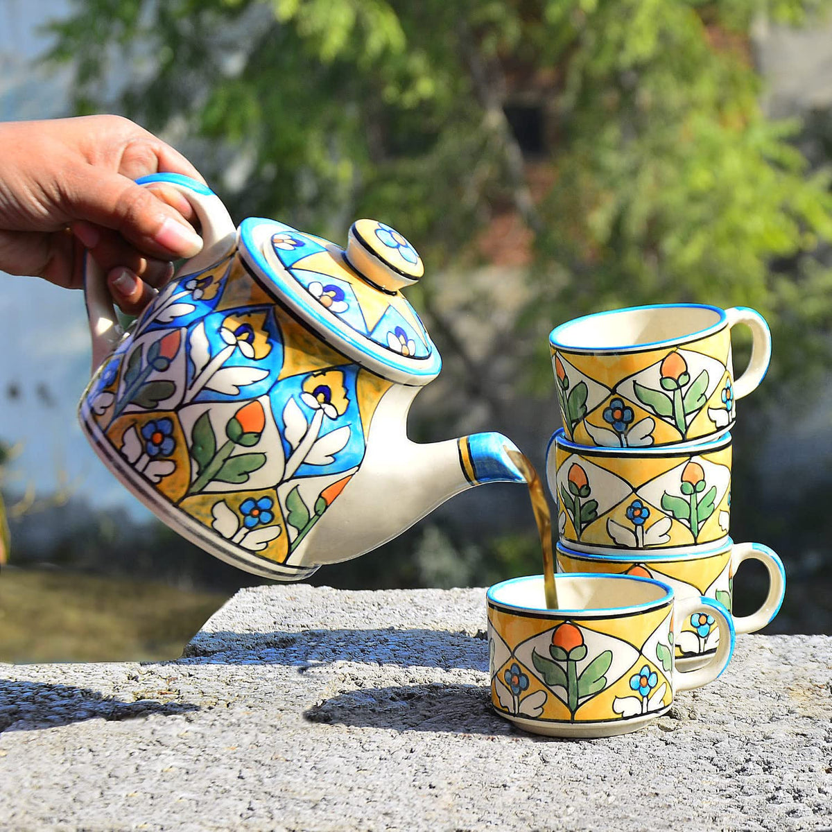 Hand Painted Ceramic Tea Set - 1 Kettle + 4 Cups, Multicolor | Coffee Mugs With Kettle - Tea Cups With Kettle