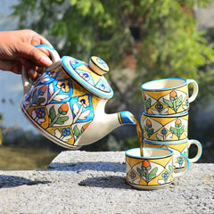 Hand Painted Ceramic Tea Set - 1 Kettle + 4 Cups, Multicolor | Coffee Mugs With Kettle - Tea Cups With Kettle