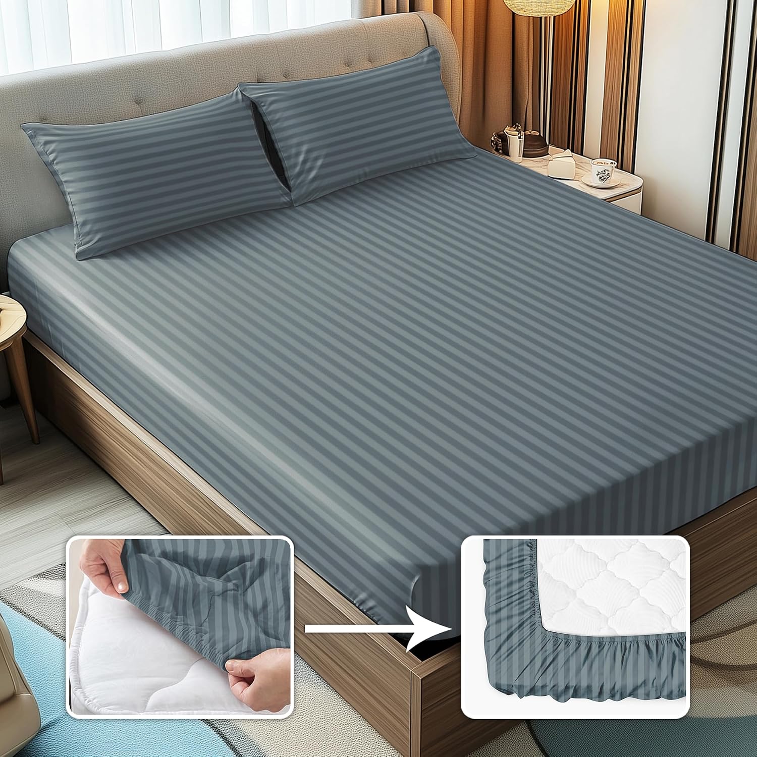 Stripes King Size Cotton Bedsheet With 2 Pillow Covers - 86 X 94 Inches, Dark Grey | Perfect For Home Decor, Guest House | Ideal For All Seasons