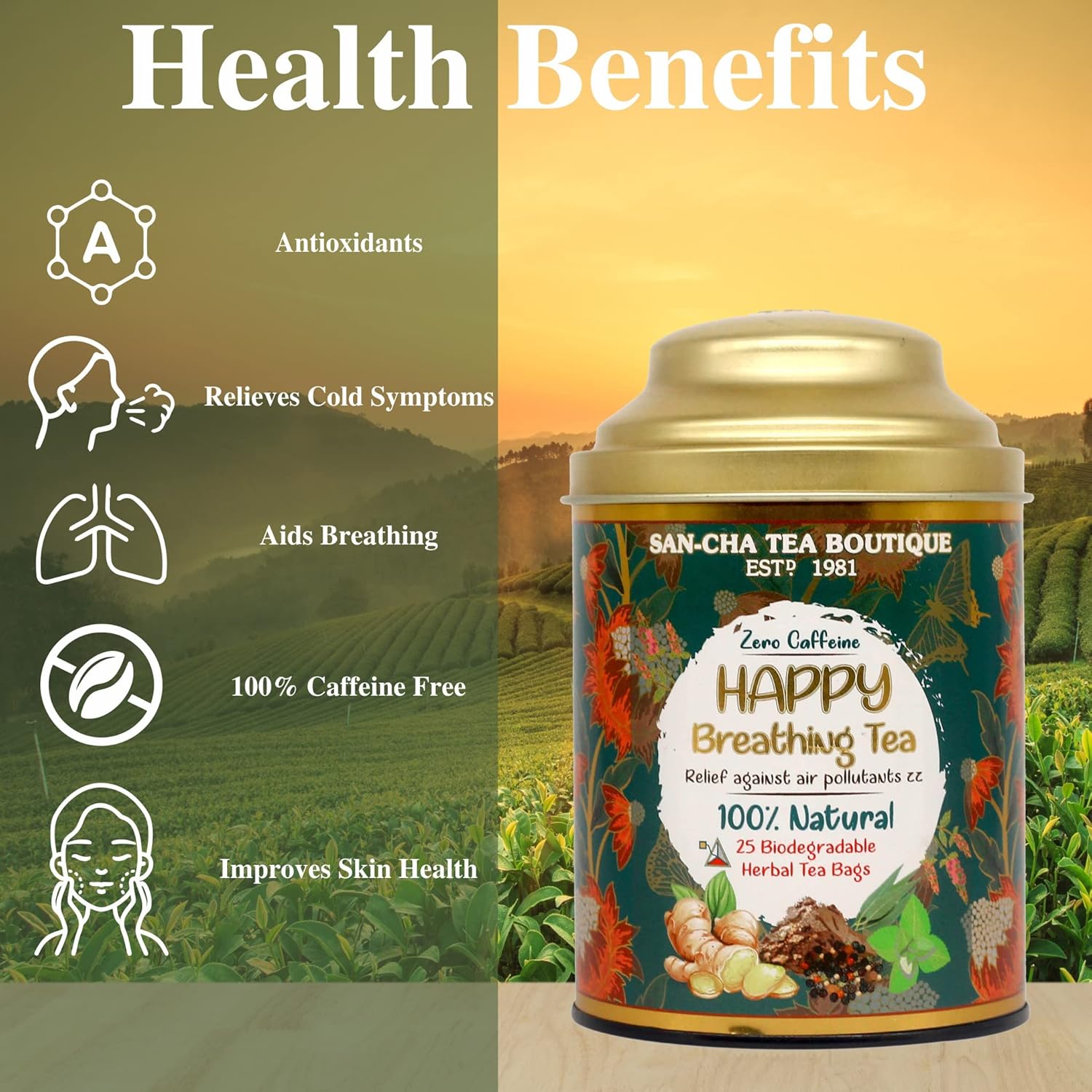 San-Cha Happy Breathing Herbal Tea - 25 Biodegradable Herbal Tea Bags | Relief Against Air Pollutants - Zero Caffeine, Environment Friendly