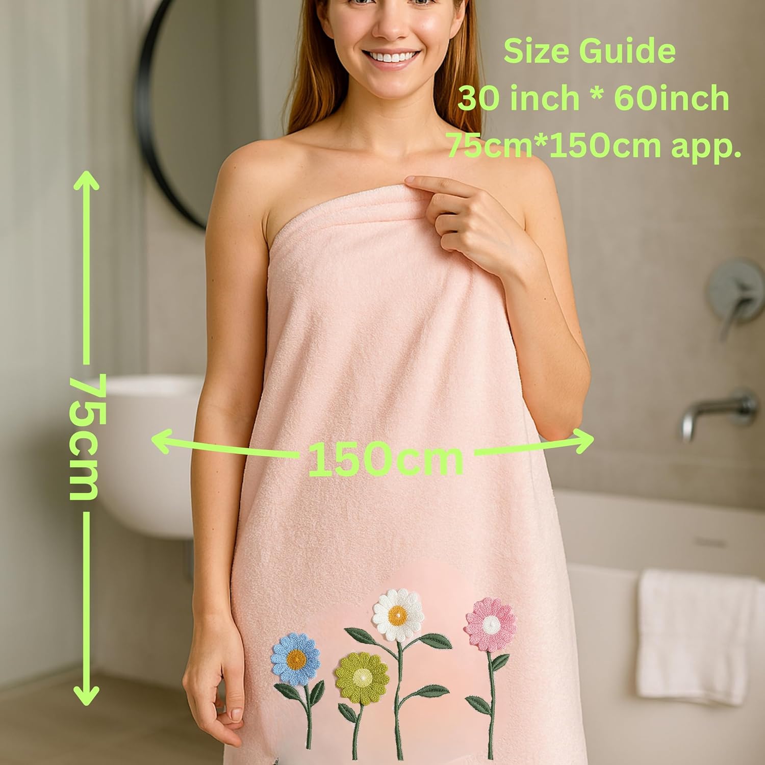 Divyam Floral Embroidered Bath Towel 350 Gsm | Premium Soft Microfiber Quick-Dry, Lightweight & Absorbent Towel With Pastel Daisy Design (Pastel-Pink)