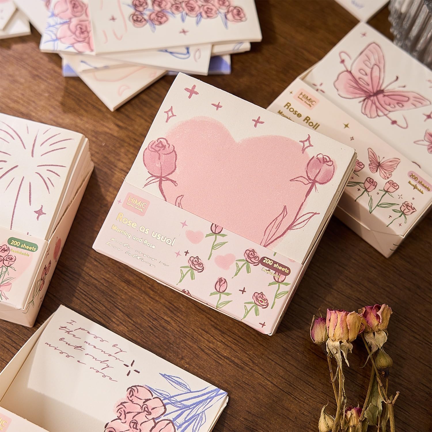 Sticky Notes Set, 200 Self Stick Memo Pad With Delicate Heart, Rose & Butterfly Designs