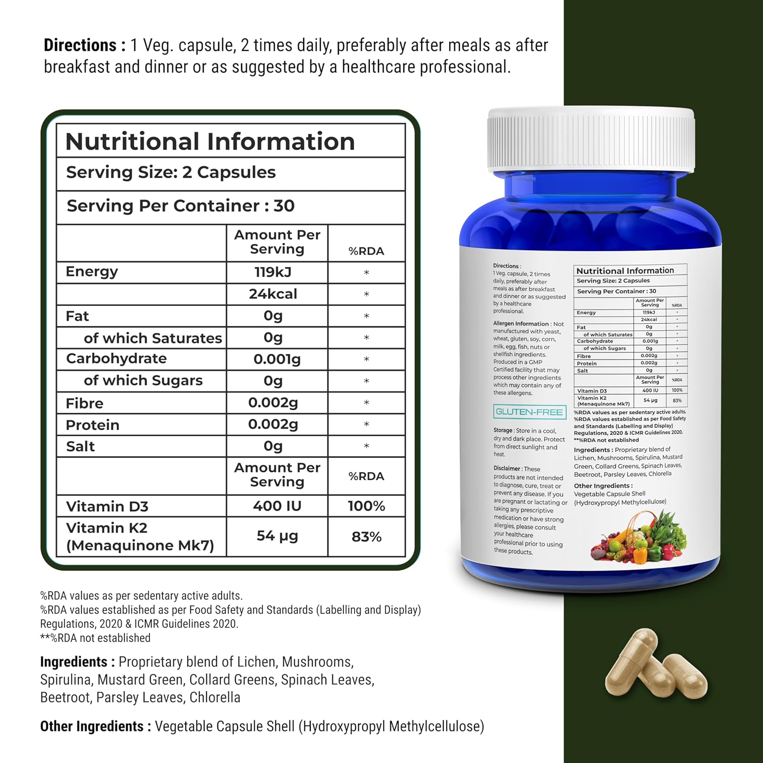 Biovitalia Organics Plant Based Vitamin D3 + K2 Capsules For Men & Women, Dietary Supplement | Supports Immune System & Bone Health | 60 Vegan Capsules , 100gm 0.2lbs