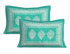 Jaipuri Traditional Queen Size Double Bedsheet With 2 King Size Pillow Covers - 90 X 100 Inches, Sea Green & White | Unique Design & Color Combination Perfectly Suits To Your Bedroom